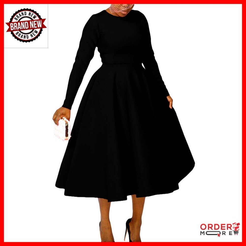 Vintage Cocktail Dress Elegant Round Neck Long Sleeve Evening Wear with Pockets